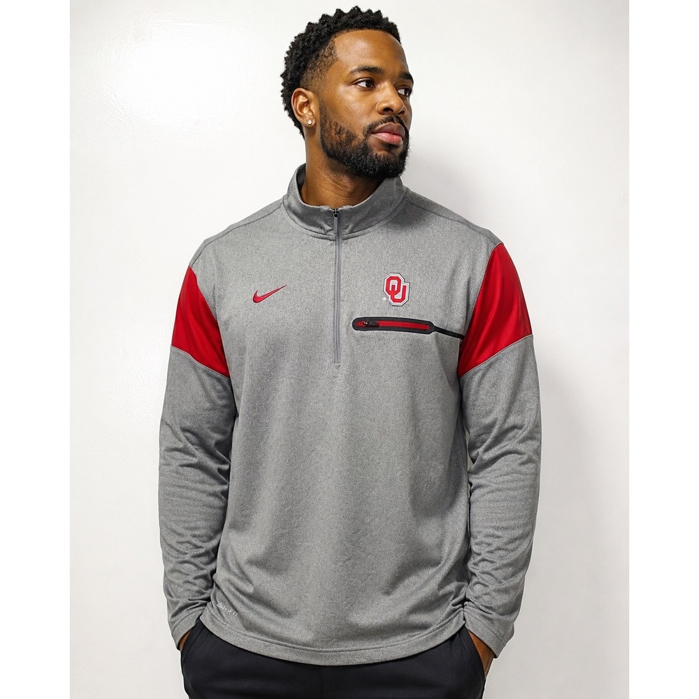 Nike Oklahoma Sooners Mens Large Dri-FIT 1/4 Zip Pullover Gray Red 32866X-OK3